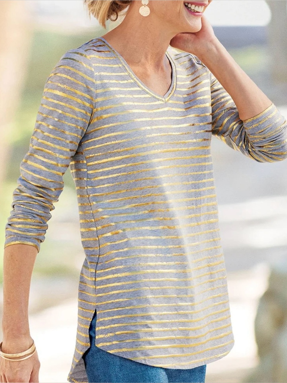 Soft Surroundings Grey Gold Stripe Pima Tunic V Neck Long Sleeve Top Small